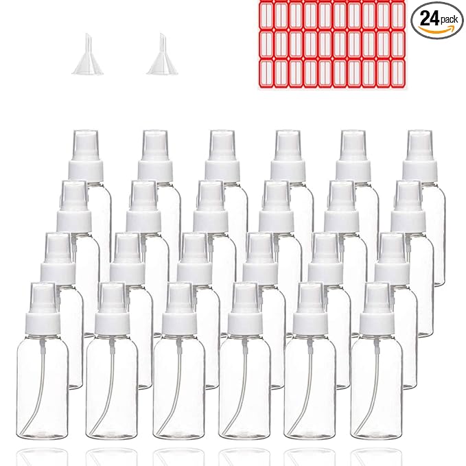 Spray Bottles, 24 Pack 50 Milliliter 2 Ounce Clear Empty Fine Mist Plastic Mini Travel Bottle Set, Small Refillable Liquid Containers