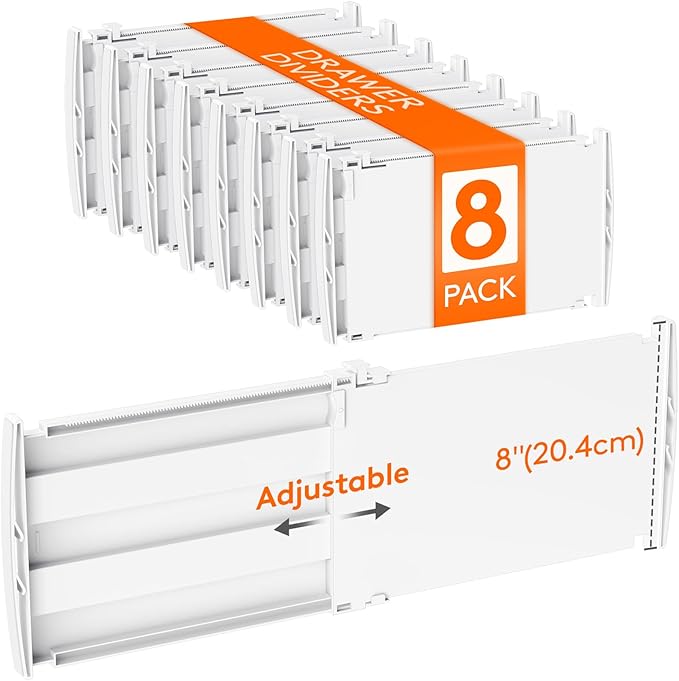 Lifewit 8" Tall 8 Pack Drawer Dividers, 35-56.5cm/13.8-22.2" Expandable Drawer Divider for Clothes, Adjustable Dresser Drawer Organizers, Drawers Separators for Dresser/Bathroom/Closet/Kitchen White