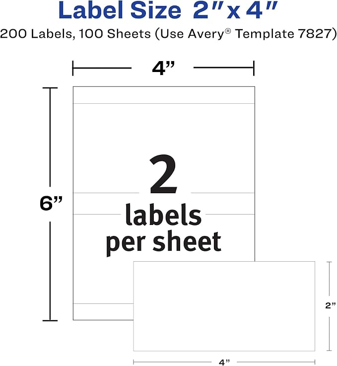 Avery® Printable All-Purpose Removable Labels, 2" x 4", Customizable Blank White Labels, Write or Print, Great for Organization Projects, 2 Packs, 200 Total (7827)