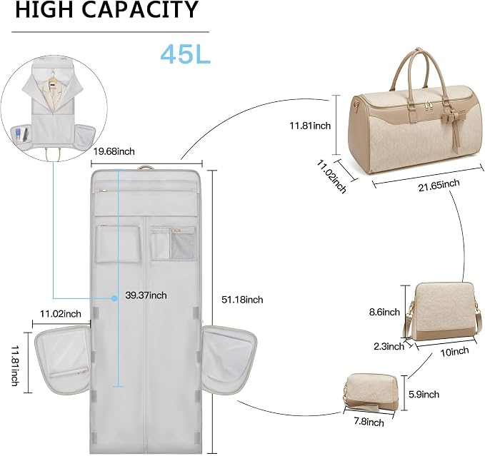 Garment Bags for Travel,45L Carry on Convertible Garment Duffle bag for Men Women - 3 in 1 Hanging Suit Travel Bag with Shoulder Strap (Beige brown)