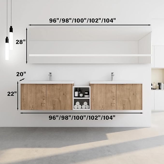 100IN Bathroom Vanity with Double Sink, Modern Solid Wood Floating Bathroom Sink Cabinet, Anti-Fog Mirror, Smart Storage Solutions, Waterproof Design, Open Shelving for Easy Access