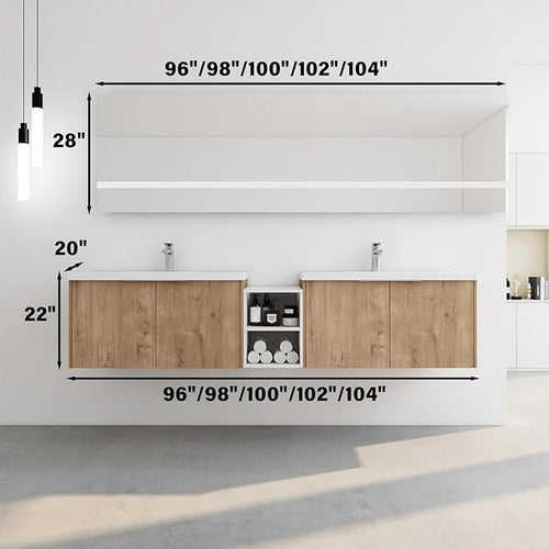 100IN Bathroom Vanity with Double Sink, Modern Solid Wood Floating Bathroom Sink Cabinet, Anti-Fog Mirror, Smart Storage Solutions, Waterproof Design, Open Shelving for Easy Access