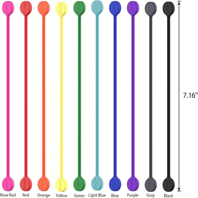 SMART&COOL Reusable Silicone Magnetic Cable Ties for Bundling and Organizing, Holding Stuff, Book Markers, Fridge Magnets, Assorted Color, 7.16'' (10-Pack, Red)