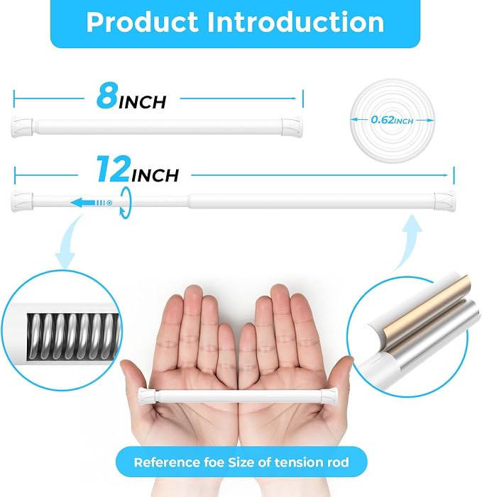 AIZESI 4PCS Small Spring Tension Curtain Rod 8 to 12 Inch, Mini DIY Tension Rods No Drill for Slim Window Sidelights, White