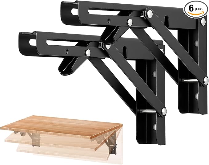Ravinte Matte Black Folding Shelf Brackets, 8 Inch, 6 Pack | Collapsible Bracket Design, Table And Bench Support, Space-Saving Shelf Setup, For Worktops, Laundry Rooms, Garage Projects
