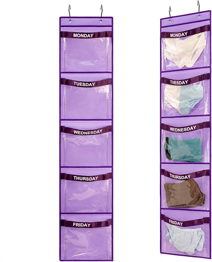 2 Pcs Day of Week Clothing Organizer Monday to Friday School Clothes Organizer for Kids Weekly Hanging Closet Organizer (Purple)