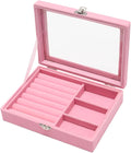 Small Velvet Jewelry Tray with Clear Lid, Lockable Ring Earring Holder Organizer Storage Box Case Jewelry Box Organizer for Rings Earrings Bracelets Brooches, 2-in-1 Pink