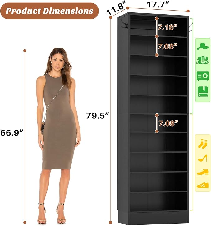 Aheaplus Tall Shoe Cabinet, 10 Tiers Narrow Wood Shoe Rack, Shoe Storage Organizer with Open Storage, Vertical Shoe Shelf Tower for 20-22 Pairs, Space Saving, for Closet, Entryway, Bedroom, Black