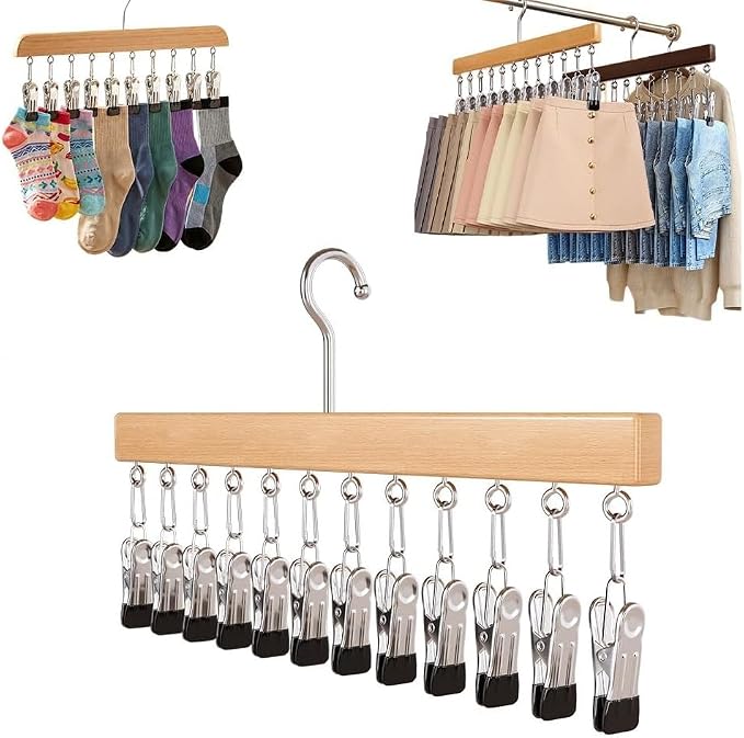 10/12-Clip Wooden Hanging Organizer, Sturdy Rack for Pants, Leggings, Socks, Hats, Scarves, Multi-Purpose Closet Storage for Home Use (1, Burlywood 12clip)