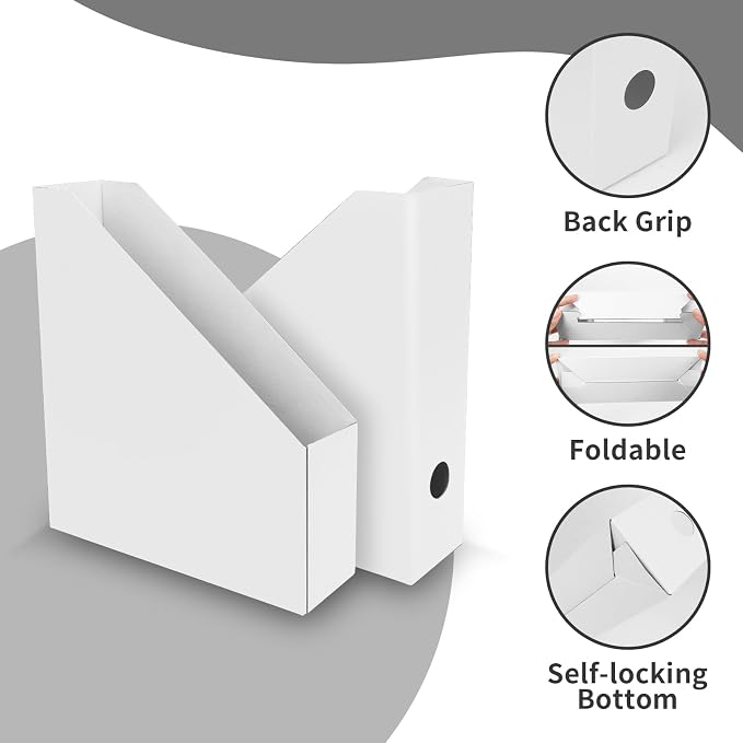 Rempry 12 Pack Magazine File Holders White, Foldable Cardboard Document Organizer Boxes with Labels, Space-Saving Storage for Office, Home, School (9.9"x3.3"x12")