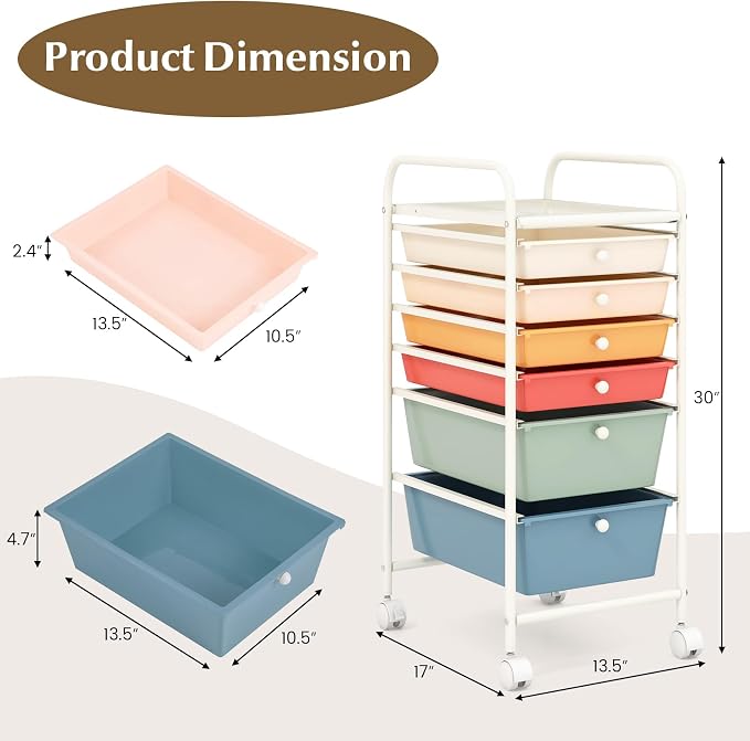 DREAMADE Rolling Cart With Storage Drawers, Utility Cart With Removable Plastic Drawers, Lockable Wheels for Classroom Organization, Art Supplies, Office, Scrapbook (6 Drawers, Macaron)