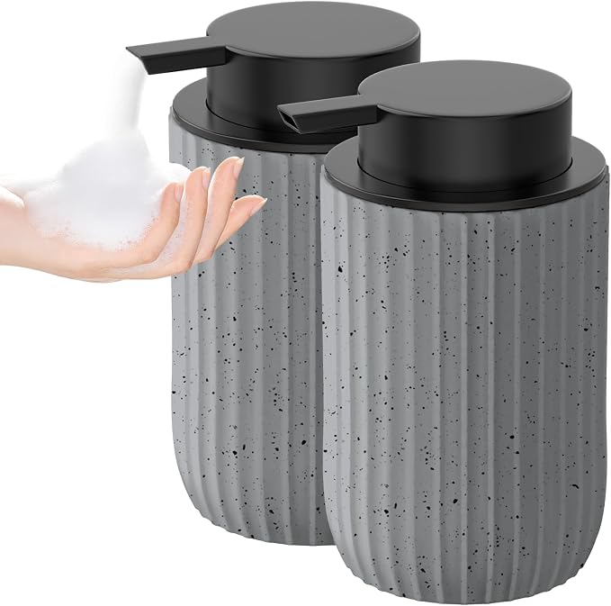 Ceramic Foaming Hand Soap Dispenser 2Pack，12 oz Bathroom Soap Dispensers， Lotion Dispenser for Kitchen, Refillable Matte Streaks Soap Dispenser with Large Pump (Gray-2Pack)