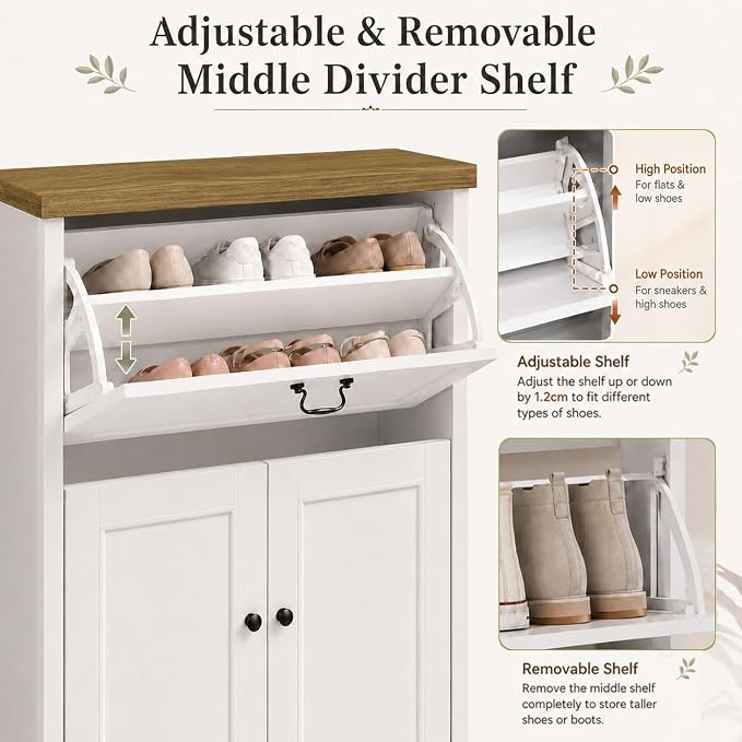 RASOO Shoe Cabinet for Entryway with Flip Drawer Boot Storage Adjustable Shelves, 6 Clips & 7 Rack