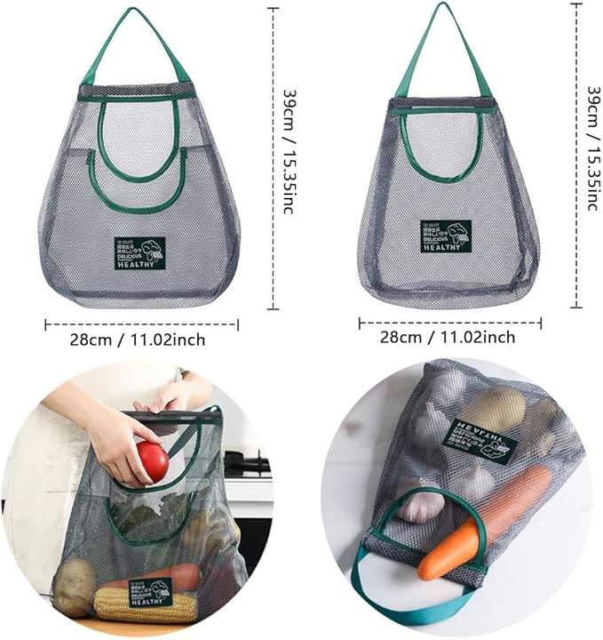 2 Pack Hanging Mesh Storage Bags (Single + Dual Pocket) Reusable Hanging Mesh Storage Produce Bags for Kitchen Storage Fruits, Onion, Garlic & Vegetables, Breathable Shopping Handbag