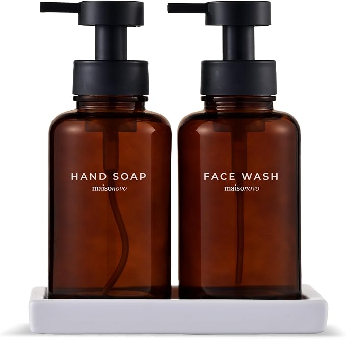 MaisoNovo Glass Foaming Soap Dispenser 14 Oz | Glass Bottles Pumps x 2 Amber with Tray