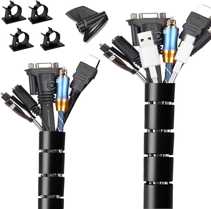 Computer Cable Sleeve Cord Management Organizer Large Black Wire Wrap Tube Under Desk Cord Covers Protectors Pets Chew Proof (1.1 inch and 7/8 inch) 5 Feet Long, TV Office Wire Wrap Solutions