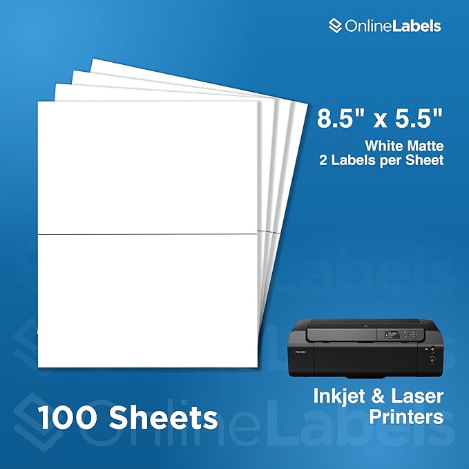 8.5 x 5.5 Half-Sheet Shipping Labels - Permanent, White Matte - for FBA, FedEx, UPS - Pack of 200 Labels, 100 Sheets - Inkjet/Laser Printers - Online Labels