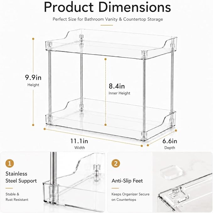 2 Tier Clear Bathroom Counter Organizer, Vanity Organizer for Skincare Makeup Perfume, Multi-Purpose Storage Shelf for Bathroom Kitchen Bedroom