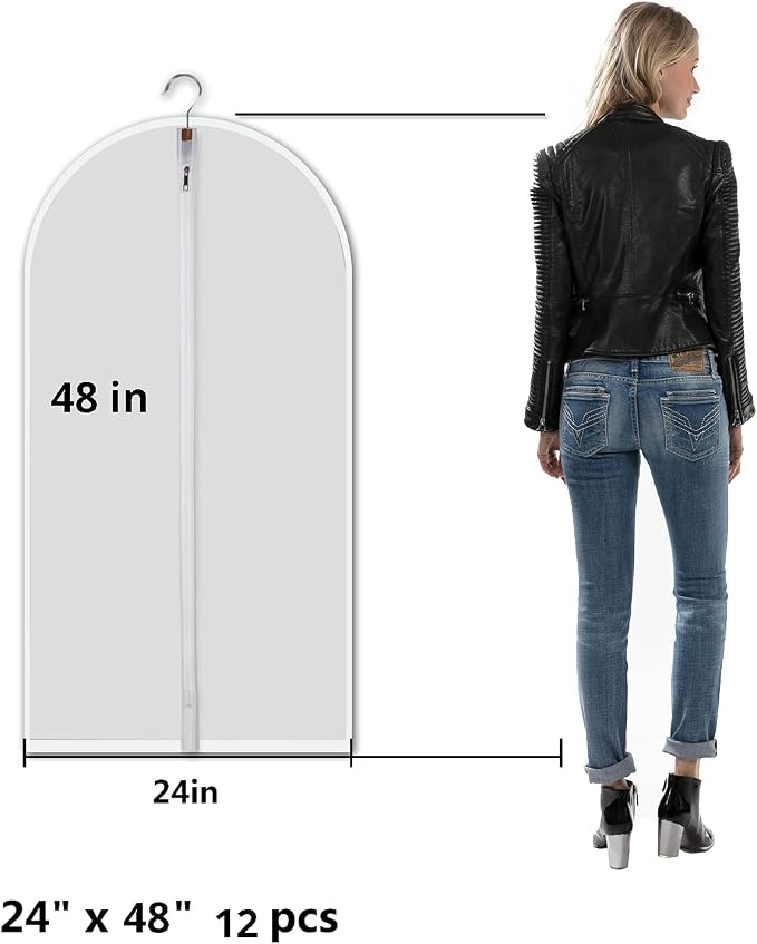 MsKitchen 12 Pack Garment Bags for Hanging Clothes (24x48") - Dustproof Suit Bags - Durable PEVA Dress Covers with Sturdy Zipper for Coats, Jackets, Pants & Uniforms (Translucent)