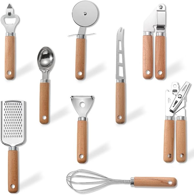 9pcs Kitchen Gadget Set with Wooden Handle, Stainless Steel Cooking Tools Kitchen Accessories Pizza Cutter, Egg Whisk, Vegetable Peeler, Can Opener, Garlic Press