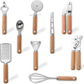 9pcs Kitchen Gadget Set with Wooden Handle, Stainless Steel Cooking Tools Kitchen Accessories Pizza Cutter, Egg Whisk, Vegetable Peeler, Can Opener, Garlic Press