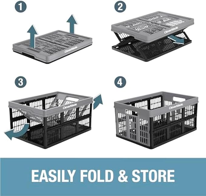 CleverMade Collapsible Utility Crates 45L (3 Pack) – Foldable Plastic Crates with Heavy Duty 66 lb Capacity, Collapsible Crates for Storage, Trunk Organization, Moving - Ocean