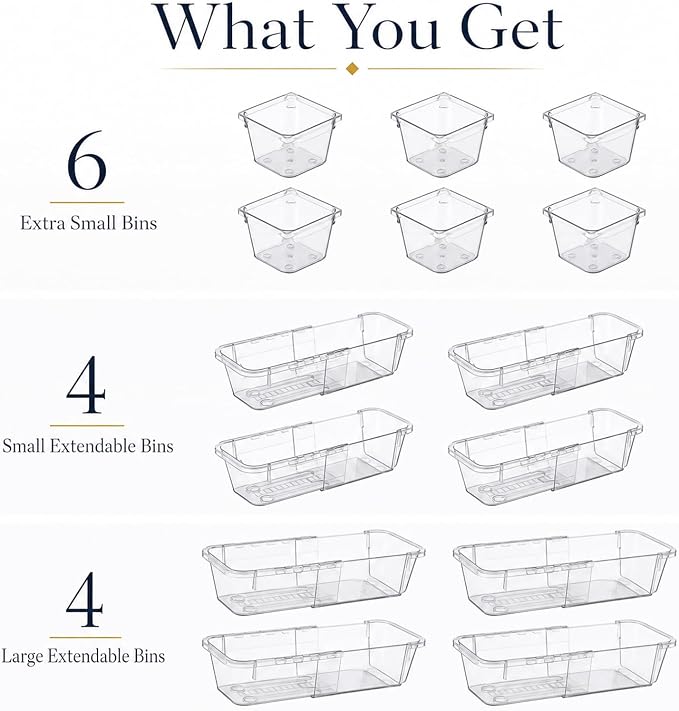14 Pcs Extendable Clear Drawer Organizer, Adjustable Plastic Storage Bins, 3-Size Transparent Drawer Organizer Storage Tray for Makeup, Cosmetics, and Gadgets