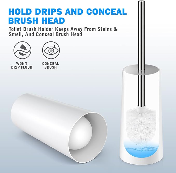 Toilet Brush and Holder, 2 Pack Toilet Brush with 304 Stainless Steel Long Handle, Toilet Bowl Brush for Bathroom Toilet-Ergonomic, Elegant,Durable (White)