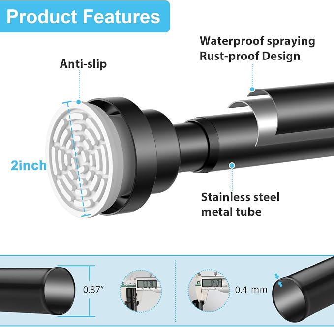 Tension Curtain Rod 30 To 63 Inch Black Tension Rods Adjustable Spring Loaded Curtain Rods 7/8" Curtains Rods No Drilling Tension Rods For Windows Bedroom Closet Doorway Door
