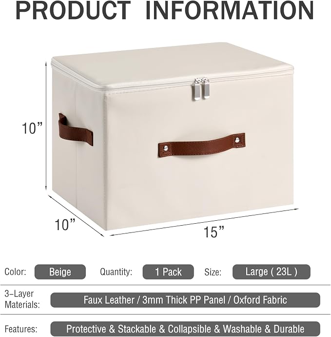 Storage Bin Box with Zippered Lid Decorative PU Leather Basket | Foldable Washable Stackable Clothing Container, Lidded Shelf Closet Organizer, with Handles & PP Plastic Boards, Beige-Large