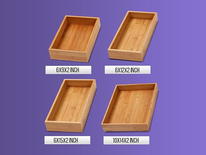 YBM Home Bamboo Drawer Organizer Storage Box for Kitchen Drawer, Junk Drawer, Office, Bedroom, Children Room, Craft, Sewing, and Bathroom, 6 Pack 3x12x2 inch
