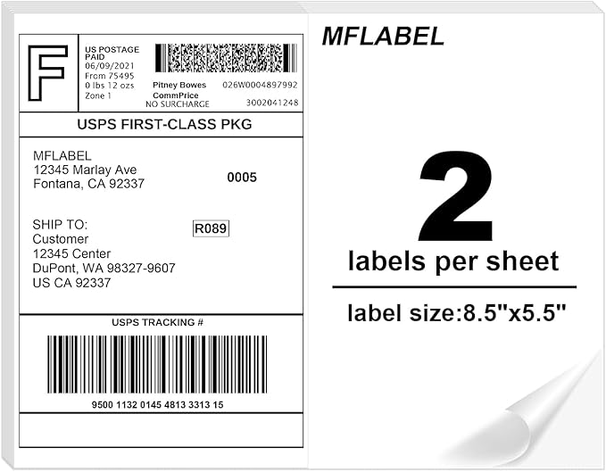 MFLABEL Half Sheet Shipping Label 8.5 x 11 Inches Packaging Label, Address Labels for Laser & Inkjet Printers, 3200 Count(1600 Sheets)