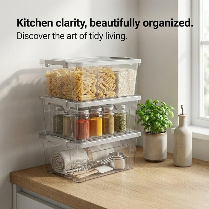 WYT 8-Quart Clear Plastic Storage Bins with Lids & Secure Latches, 3-Pack Organizer Container Box with Latch Buckles for Home, Kitchen, Closet, Garage