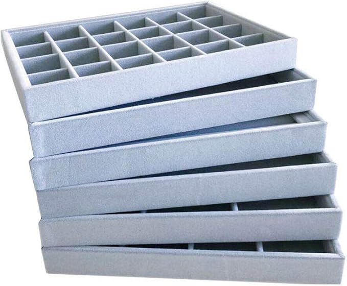 6-Grid Stackable Premium Quality Grey Velvet Jewelry Organizer Multi Function Rearrangeable Divider for Collectibles Jewelry Necklace Earring Ring Buttons Precious Stone Art Delicate