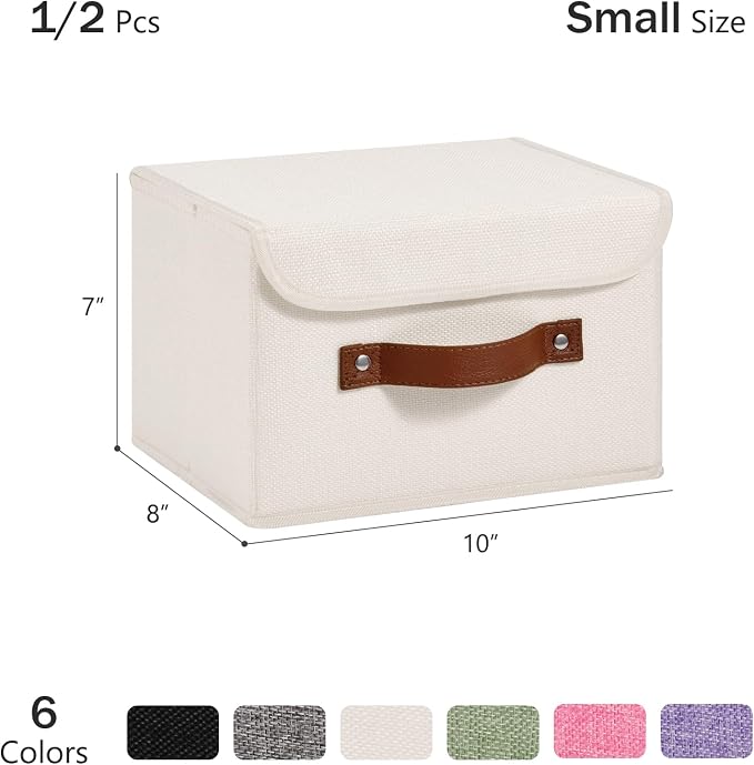 Storage Bins Box with Lids Decorative Cotton Linen Fabric Baskets Cubes with Handles PP Plastic Board Foldable Washable Lidded Clothing Shelf Closet Organizer Container (Beige, Small)