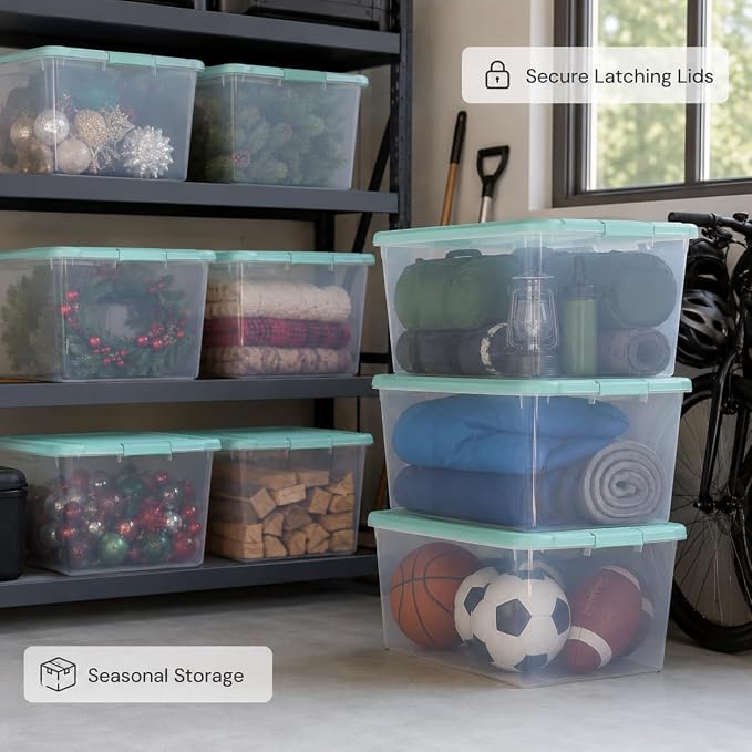 66 Quart Clear Plastic Storage Container with Latch Lid, Mint, 6 Pack | Clear Base & Lid, Secure Mint Latches, Recessed Stacking, 66Qt Capacity, BPA-Free Plastic