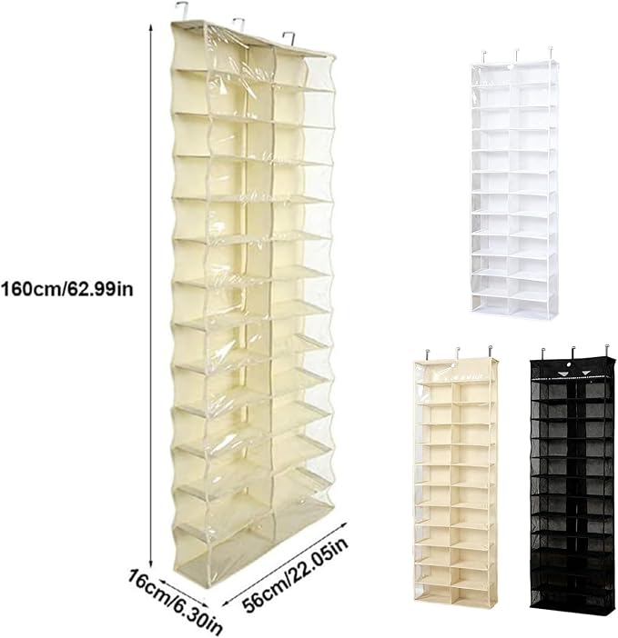 Hoodie Sweatshirt Storage Organizer, Over the Door Sweatshirt Organizer, 26-Pocket Clear Holder, Pockets Wall Shoes Bag, Portable Closet Wardrobe,63"L X 22"W X 6.3"H,Cabinet Behind The Doors (White)