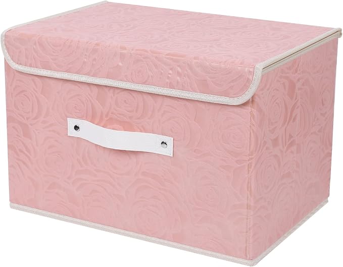 ANMINY Fabric Storage Bin with Lid Rose Print Storage Box Basket with PU Leather Handles Washable PP Plastic Board Decorative Foldable Lidded Shelf Closet Organizer Container - Pink, Medium