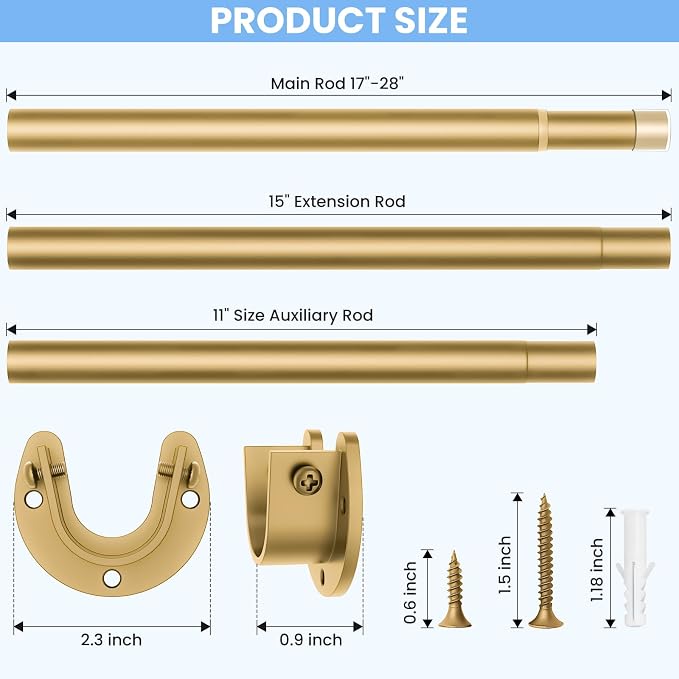 Closet Rods for Hanging Clothes, 17 to 99 Inch Heavy Duty Stepless Adjustable Closet Hanging Rod, 1.3 Inch Diameter Metal Closet Rod for Wardrobes Laundry Bedroom RV, Gold