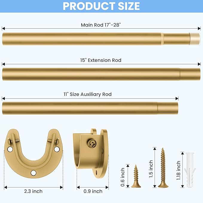 4 Pack Closet Rods for Hanging Clothes, 17 to 28 Inch Heavy Duty Stepless Adjustable Closet Hanging Rod, 1.3 Inch Diameter Metal Closet Rod for Wardrobes Laundry Bedroom RV, Gold