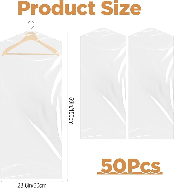 50Pcs Clear Plastic Garment Bags, 24x60 In Thick Transparent Clothing Dust Covers, Dry Cleaning Covers for Hanging Clothes, Laundry Bags Dust Proof Garment Bag for Closet Storage Travel