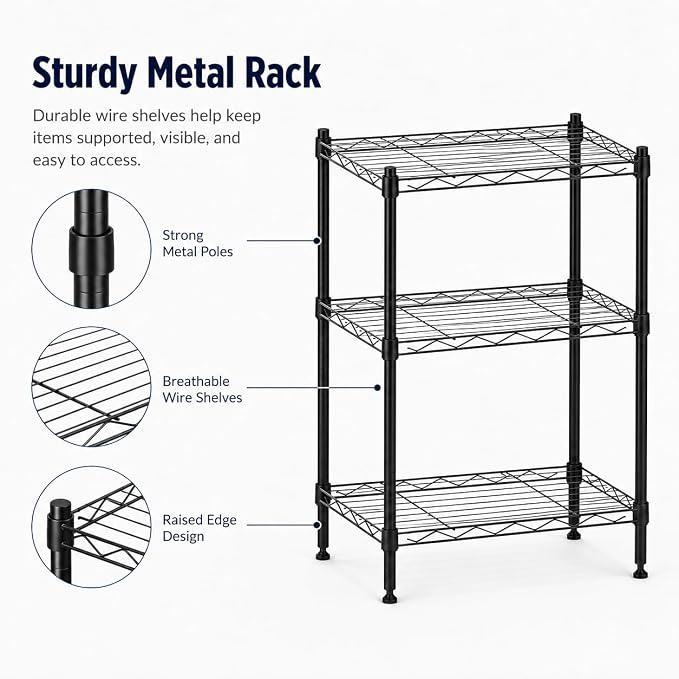 3 Tier Storage Shelves, Metal Wire Shelving Unit, Heavy Duty Adjustable Shelf Rack for Pantry, Kitchen, Garage and Laundry Room, Black