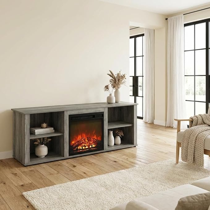 Furnifact Grey TV Stand with Fireplace, 60 Inch Wood Console, Open Shelves, Cord Management, Modern Style, Living Room, Home Entertainment