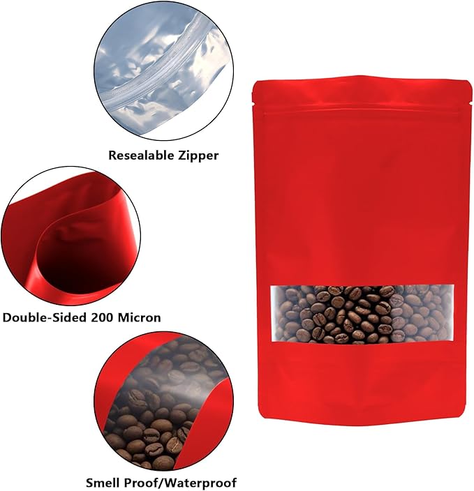 100PCS Foil Pouch Mylar Bags with Clear Window,ULIFESTAR Stand Up Sealable Bags with Tear Notches,Resealable for Food,Party Favors,Gift Packaging and Small Business(14 * 20cm/5.51 * 7.87",Red)