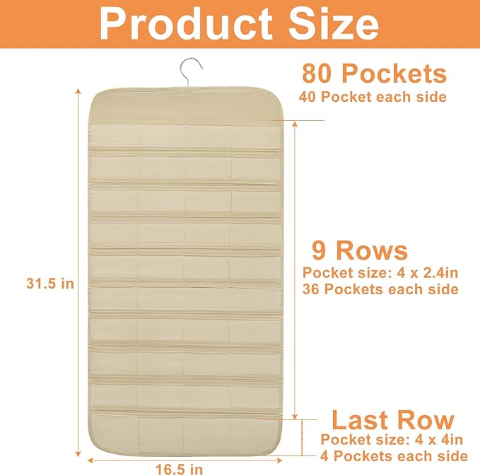 Hanging Jewelry Organizer, Beige, 80 Pocket | Double-Sided, For Earrings Necklace Bracelet, Clear PVC Window, For Closet, Door, Wall, Travel