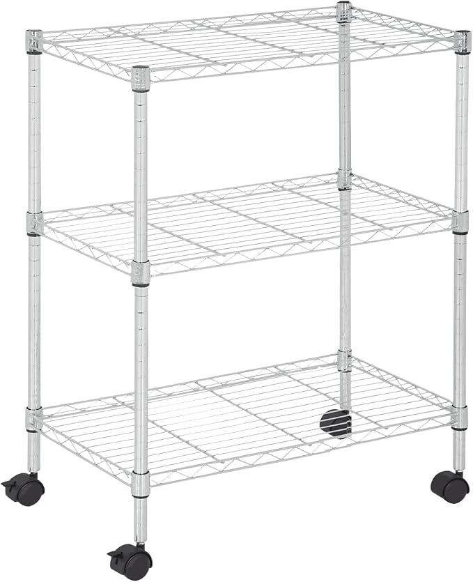 3-Tier Metal Wire Shelving Unit with Wheels, Heavy Duty Adjustable Storage Rack (450 lbs Capacity), Small Utility Organizer for Kitchen Pantry, Garage, Laundry Room, 23"W x 13"D x 31.3"H