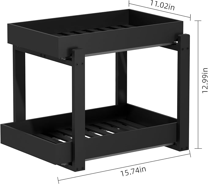 APRTAT 2 Pack Under Sink Organizer, Bamboo Wooden 2-Tier Pull-Out Storage with Sliding Drawers for Kitchen and Bathroom Cabinets, Easy Installation (Black, 1 pack)