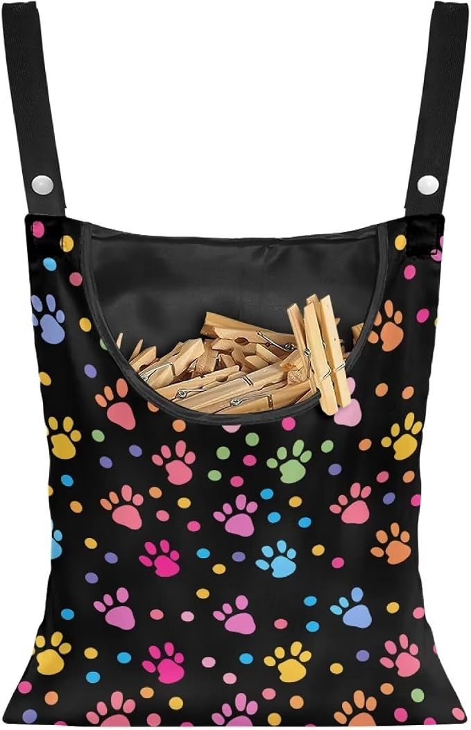 Dog Paw Print Laundry Clothespin Bags Hanging Storage Organizer 12 x 14.5 Inch Clothes Pin Bag Waterproof Clothespin Bag Clothespin Holder Large Opening and Hanging Rope