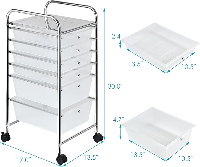 Giantex 6 Storage Drawer Cart Rolling Organizer Cart for Tools Scrapbook Paper Home Office School Multipurpose Mobile Utility Cart (Clear White)
