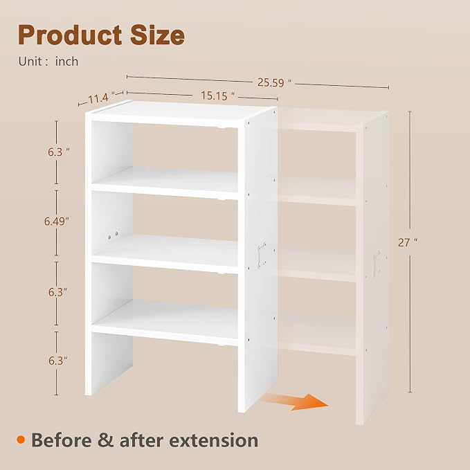 Hoctieon 2 Pack Expandable Shoe Shelf, 2-Tier Adjustable Shoe Shelf Storage Organizer, Stackable Iron Wood Combination Free Standing Shoe Rack for Entryway, Closet, Doorway, White